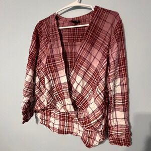 a.n.a A New Approach Women's S Plaid Surplice V-Neck Blouse Burgundy Pink 0932